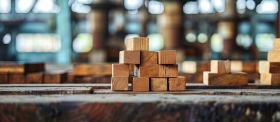 Industrial emissions harm the environment and ecosystems, including climate change. The wooden blocks rest on the table.