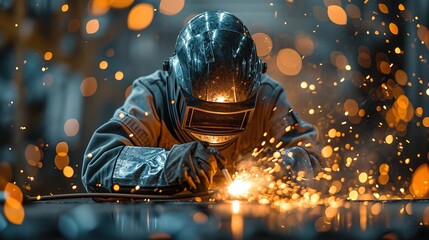 a welder working with sparks on a black background, in the style of textured, generative ai