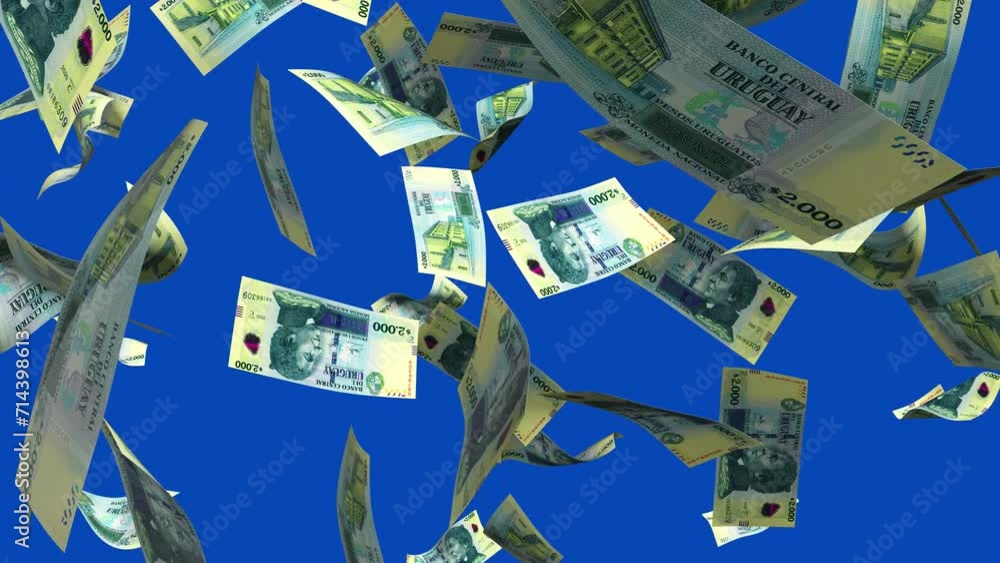 Poster 3d animation of peso uruguayo notes falling on blue screen. you can remove the background by keying 