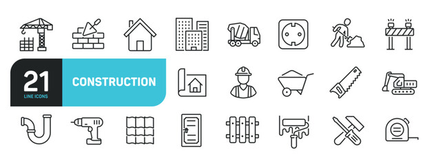 Set of line icons related to construction, building, renovation, architect. Outline icons collection. Editable stroke. Vector illustration.