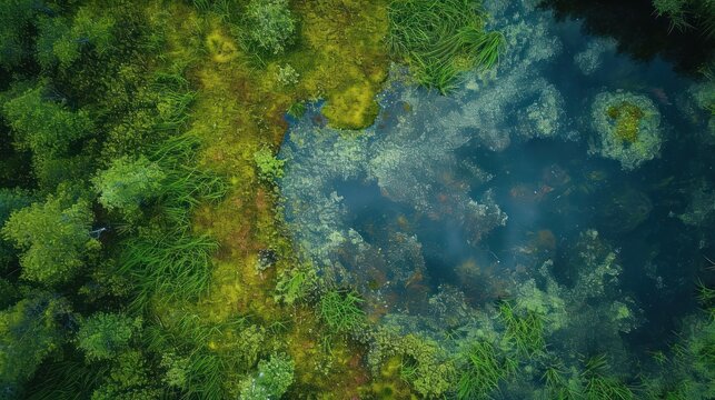  an aerial view of a body of water surrounded by lush green trees and a lot of blue water in the middle of the picture is an aerial view from above.