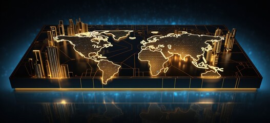 World circuit map is on a computer diagram at night with style of gold and azure. Generate AI image
