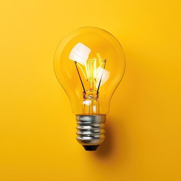 Glowing light bulb, on yellow background. Great idea concept. Copy space for text, generative ai