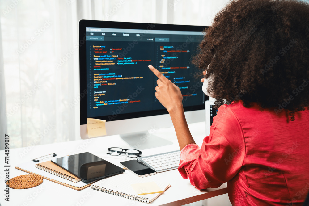 Poster young working african woman creating coding website developer, thinking data information designer at