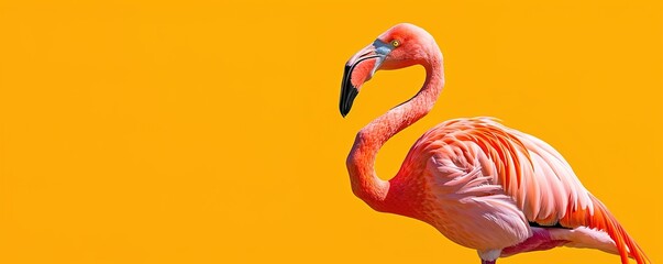Pink flamingo on yellow background, generative ai - obrazy, fototapety, plakaty