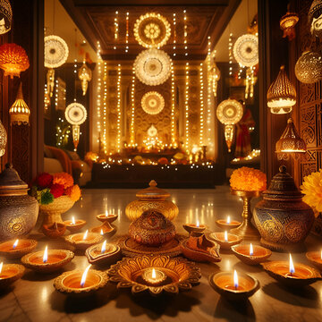 Traditional Indian Couple Home with Flickering Oil Lamp Diyas & Decorative Lights for a Happy Diwali Colorful Rangoli Lights Celebration Hindu Family Gathering Festival India Bengal Ryzwashed Sparkler