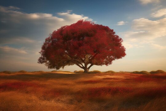 A huge crimson tree standing alone, formed into the figure of a heart, situated in an open grassland. Generative AI