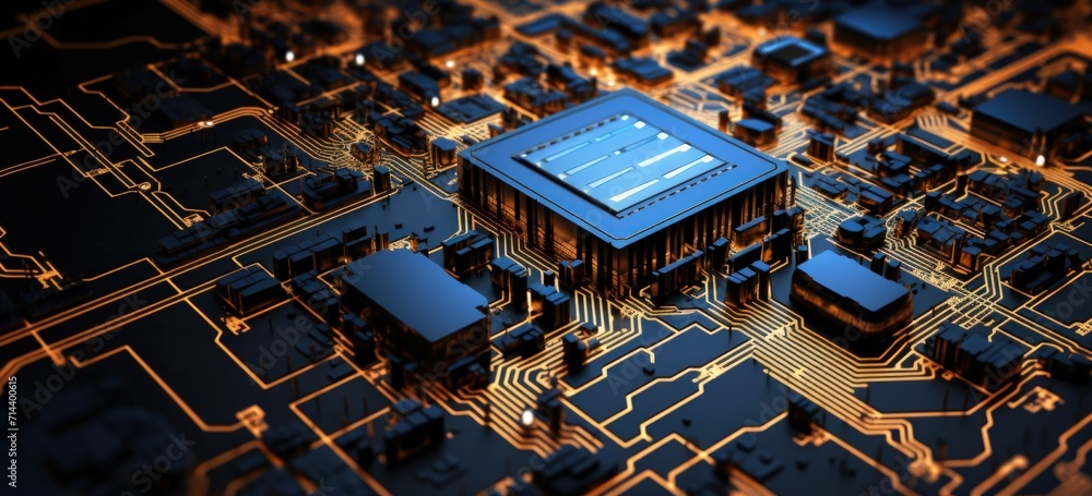 Wall mural shiny circuit board with style of luminous 3d objects, dark gold and light azure. generate ai image