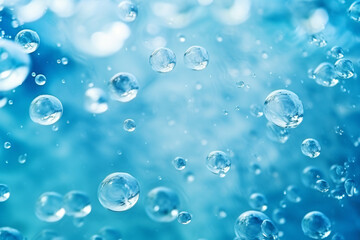 Water Surface Texture with Bubbles and Splashes, Defocused Blurring Transparent Blue Background