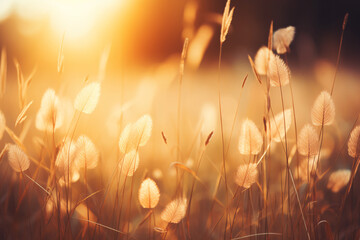 Wild Grass in Forest at Sunset, Golden Hour Nature Landscape