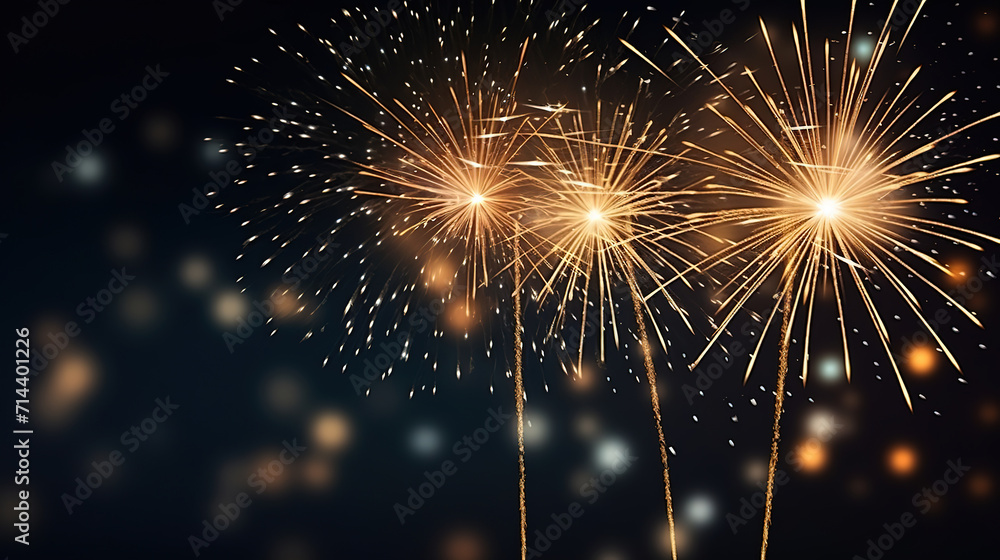 Poster 2024 sparklers with golden fireworks display with bokeh on a black background for christmas