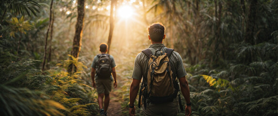 Carefree Happy two man Enjoying Nature on grass meadow on top of mountain cliff with sunrise. Beauty Girl Outdoor. Freedom concept. Len flare effect. Sunbeams. Enjoyment