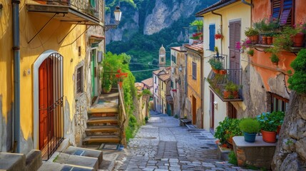  a narrow cobblestone street with steps leading up to a building with a mountain in the backgrouf of the street and a few potted plants on either side. - obrazy, fototapety, plakaty