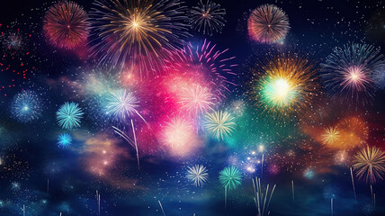 Fototapeta premium Festive fireworks show, firecrackers in the night sky, Happy celebration, joy and fun atmosphere