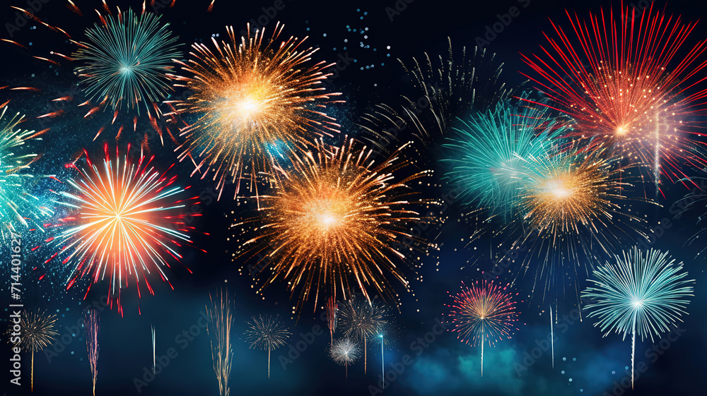 Poster pyrotechnics and fireworks background with animation on black
