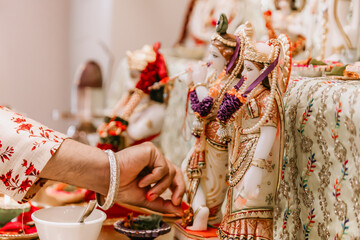 Indian Hindu wedding ceremony ritual items hands close up