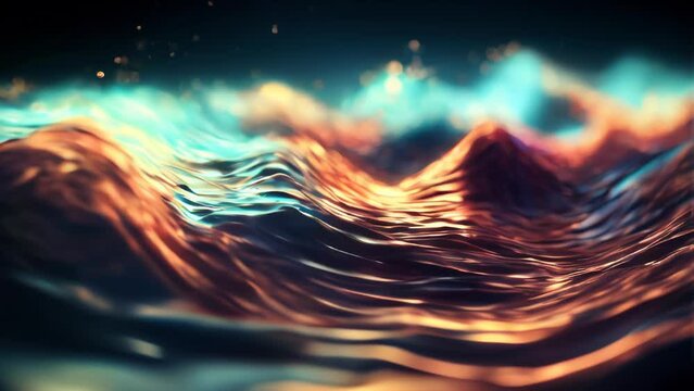 Undulating water surface catching light, creating vividly colored ripples. The dynamic wave shapes and light effects produce an ethereal atmosphere.

