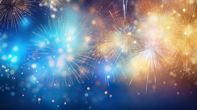 Abstract background new year, cheering crowd and blue and gold fireworks and celebrating holiday