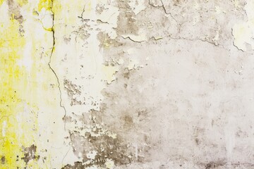 old wall with peeling yellow paint and large patches of exposed grey concrete.