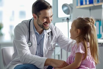 Obraz premium Charming doctor playing with a little girl at the hospital