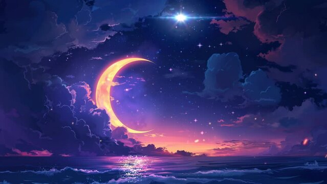 Beautiful crescent moon with shooting stars on anime style. Can use for Ramadan, eid al fitr, eid adha animation loop background and many more