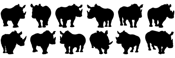 Rhino silhouettes set, large pack of vector silhouette design, isolated white background
