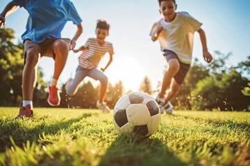 Active family play soccer in their leisure time - obrazy, fototapety, plakaty
