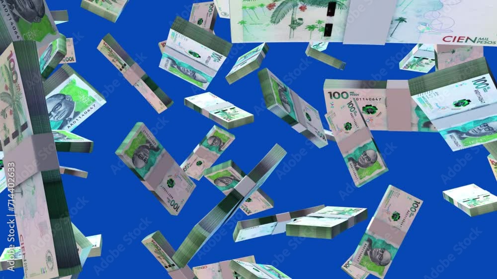 Poster 3d animation of colombian peso stacks falling on blue screen. remove the background by keying or sub