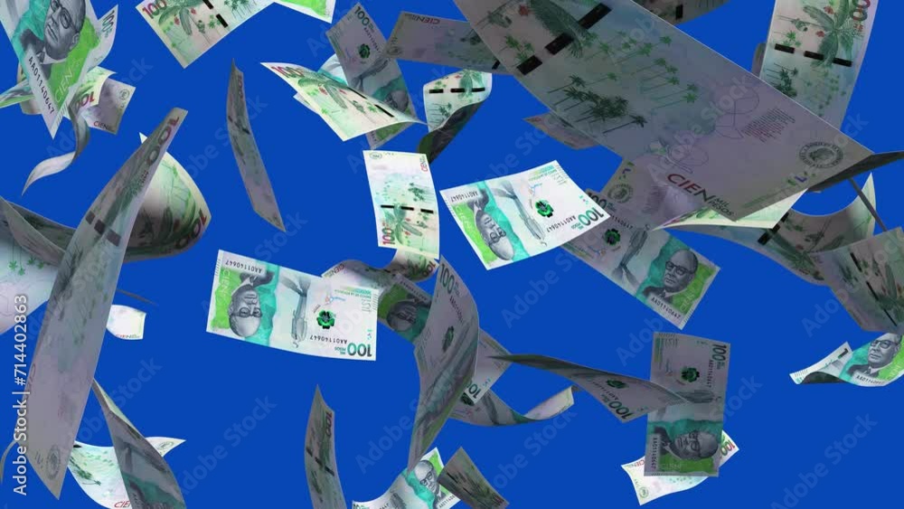 Poster 3D animation of Colombian peso notes Falling On blue screen. Remove the background by keying or subtracting with the black and white matte to replace with a custom one
