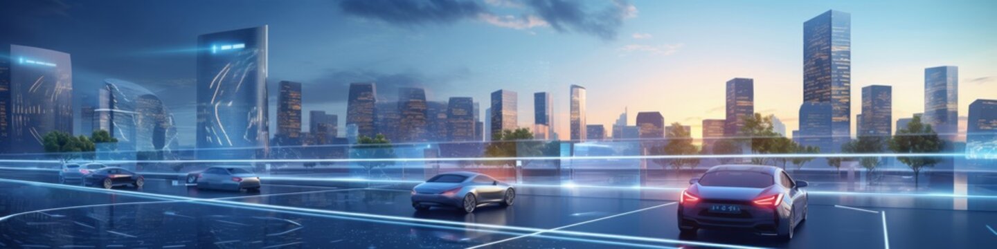 Central hub of a smart city at dawn,  with self-driving cars,  intelligent infrastructure,  and holographic touchpoints
