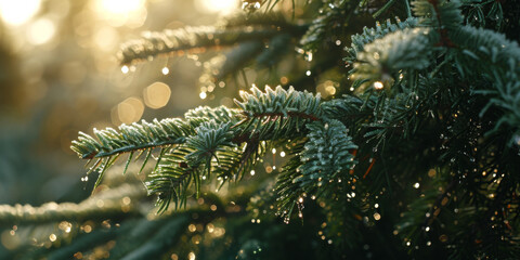 a close up of a tree decorated with dew drops with the sun shining into it, generative AI