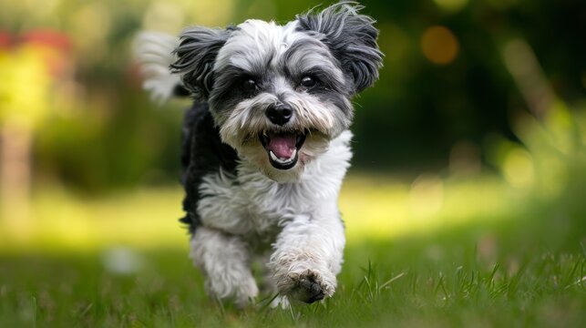  a small black and white dog running through a field of grass with it's mouth open and it's tongue hanging out and it's tongue out.