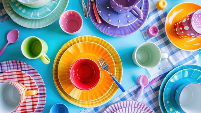  a table topped with lots of colorful plates covered in plastic cups and saucers and a plate with a fork and spoon on top of a checkered table cloth.