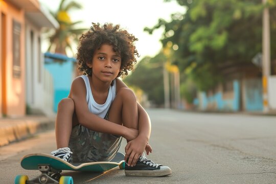 Afro Latin boy sitting on a longboard © senyumanmu