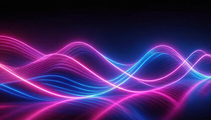 Fototapeta na wymiar 3d render, abstract panoramic background, neon light, laser show, impulse, equalizer chart, ultraviolet spectrum, pulse power lines, quantum energy impulse, pink blue violet glowing dynamic line