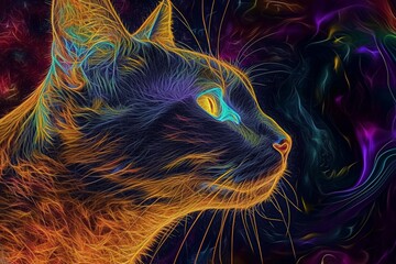Luminous Fractal Art Cat in Woodcut and Linocut Style Background created with Generative AI Technology