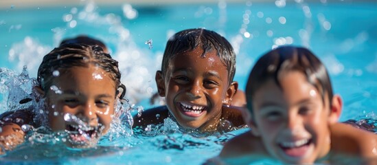Joyful children enjoying the pool. Youthful accomplished swimmers striking a pose. - obrazy, fototapety, plakaty