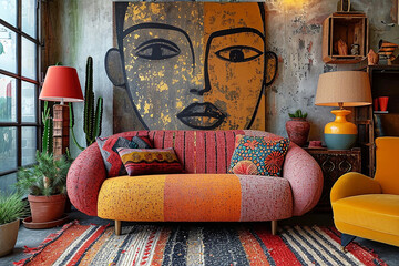 An eclectic vibrant boho style living room in a warehouse conversion with distressed walls and a mixture of textures, patterns and art in bright colors.
