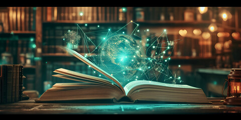 ,A book having knowledge  technology, AI ,Digital book opening, how a book explains data handling, transforming traditional education into interactive learning, narrative research methods, magical boo