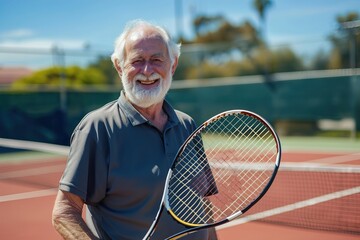 Happy caucasian senior with tennis racket at tennis court on sunny day