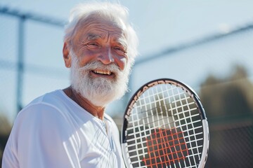 Happy caucasian senior with tennis racket at tennis court on sunny day