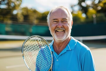 Happy caucasian senior with tennis racket at tennis court on sunny day
