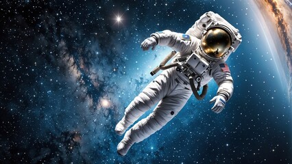 An astronaut in a spacesuit floating in space, with stars and galaxies in the background.