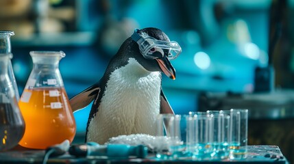 Penguin Wearing Safety Goggles in a Laboratory with Beakers of Colorful Liquids and Test Tubes