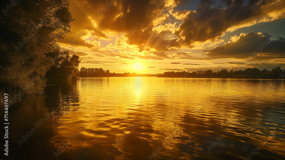 Wall mural Golden Serenity: A Tranquil Sunset Over the Lake - Wall murals