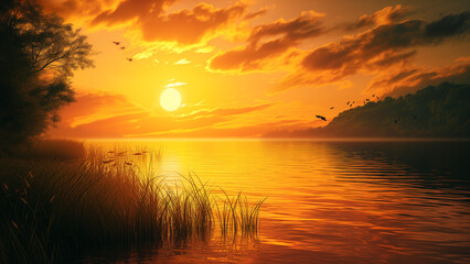 Fototapeta premium Golden Serenity: A Tranquil Sunset Over the Lake