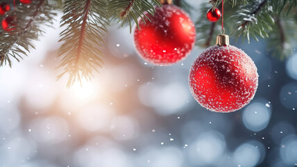 Fototapeta na wymiar Christmas background of baubles on falling snowflakes