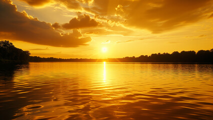 Obraz premium Golden Serenity: A Tranquil Sunset Over the Lake