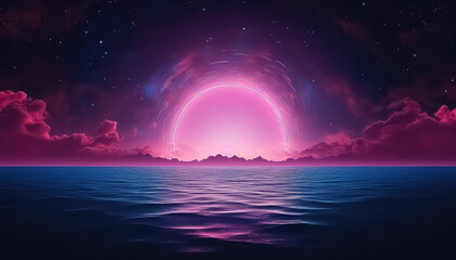 Circle sunset in the water in neon color ,spring concept