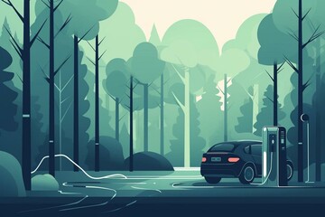 Illustration of an electric vehicle charging station amidst a forest, highlighting eco-friendly concept with a car. Generative AI
